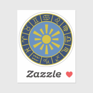 Zodiac Sun Wheel+Astrological Symbols Gold+Blues Sticker
