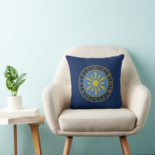 Zodiac Sun WheelAstrological Symbols GoldBlues Throw Pillow