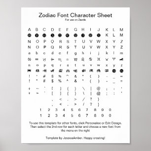 Zodiac Symbol Font Chararacter Reference Poster