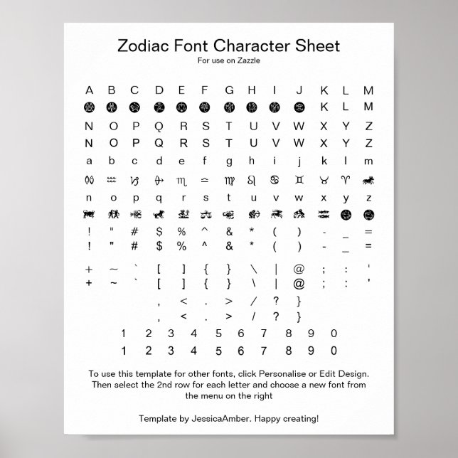 Zodiac Symbol Font Chararacter Reference Poster (Front)