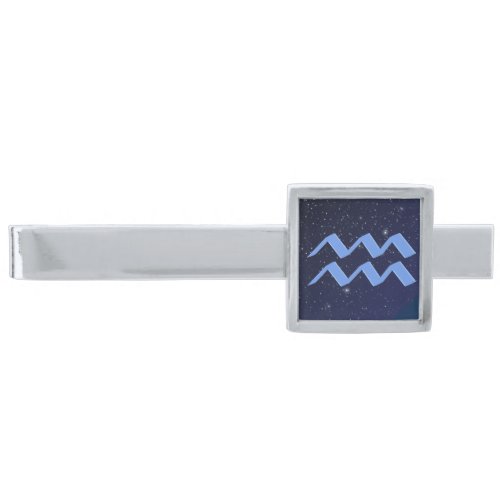 Zodiac Symbol for Aquarius in Deep Indigo Blue  Silver Finish Tie Bar