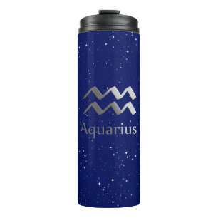 Zodiac Symbol for Aquarius on Deep Midnight Blue Thermal Tumbler