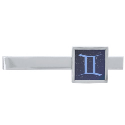 Zodiac Symbol for Gemini in Deep Indigo Blue  Silv Silver Finish Tie Bar
