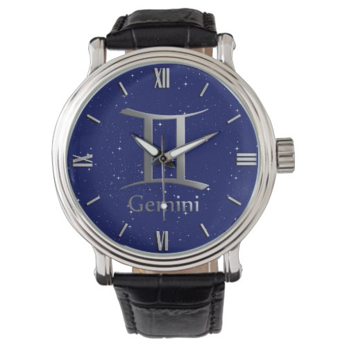 Zodiac Symbol for Gemini on Deep Midnight Blue Watch