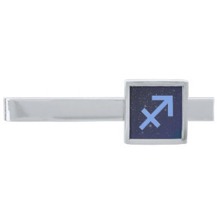 Zodiac Symbol for Sagittarius in Deep Indigo Blue Silver Finish Tie Bar