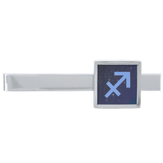 Zodiac Symbol for Sagittarius in Deep Indigo Blue  Silver Finish Tie Bar (Front)