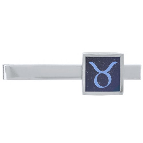Zodiac Symbol for Taurus in Deep Indigo Blue  Silver Finish Tie Bar