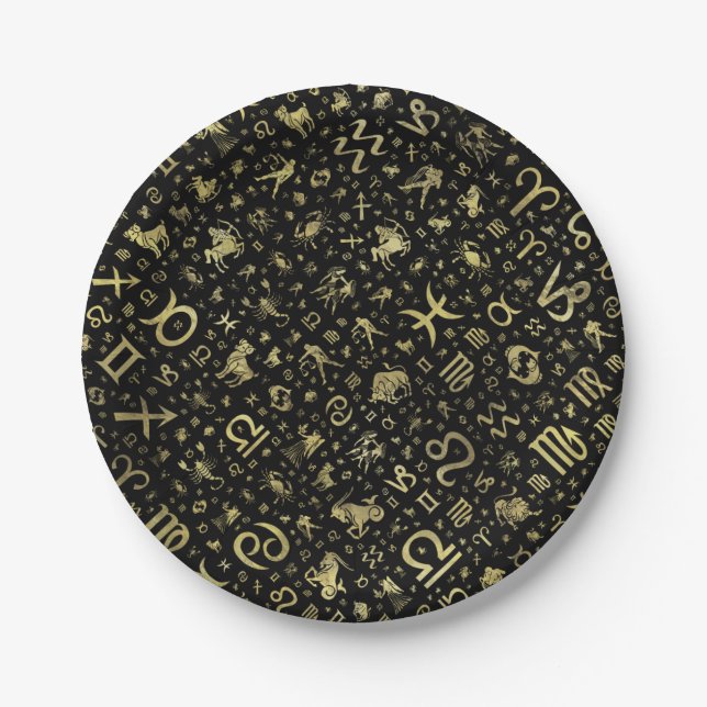 Zodiac symbols and glyphs Gold on black Paper Plates (Front)