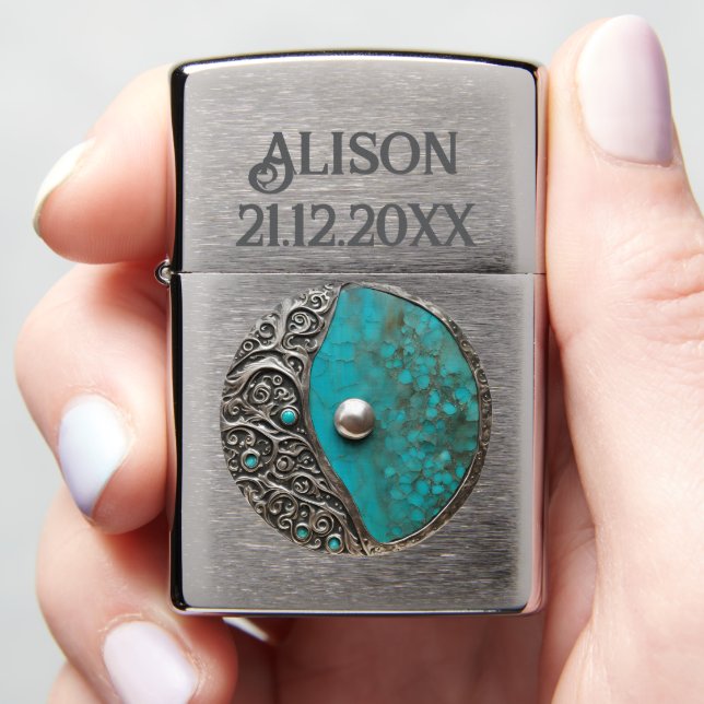Zodiac Tanzanite Turquoise stone Zippo Lighter (In Hand)