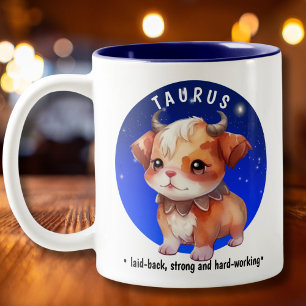 Zodiac Taurus Cute Watercolor Dog custom name date Two-Tone Coffee Mug