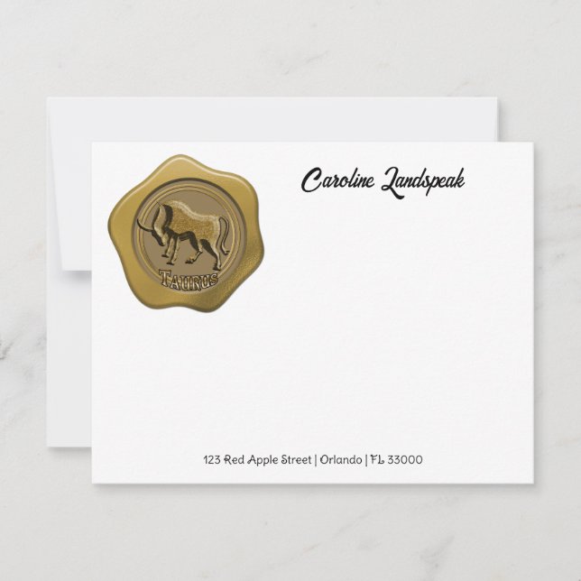 Zodiac Taurus Gold Wax Seal Custom Name, Address Note Card (Front)