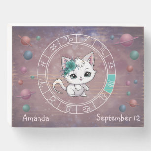 Zodiac Virgo Cute Cat Wheel Planet Astrology Wooden Box Sign