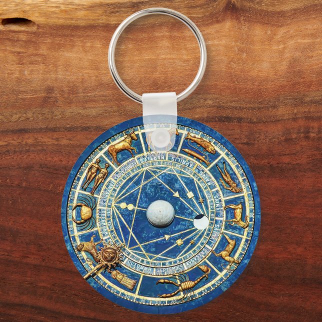 Zodiac Wheel Astrology Celestial Blue Antique Gold Keychain (Front)