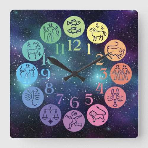 Zodiac Wheel Colorful Horoscope Signs Cosmic Square Wall Clock