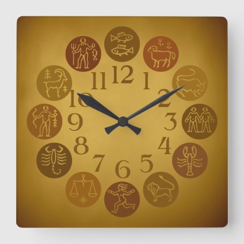 Zodiac Wheel Horoscope Signs Warm Gold Square Wall Clock