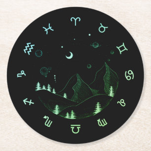Zodiac Wheel Mountain Landscape Round Paper Coaster