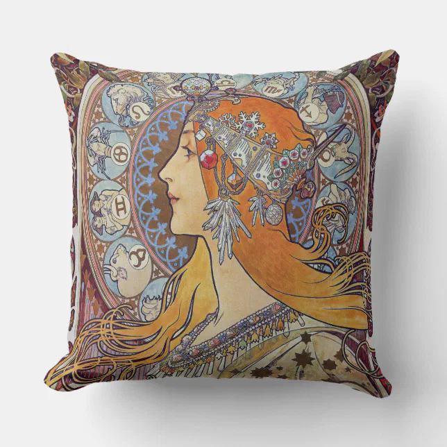 Zodiac with Her Tiara Art Nouveau Throw Pillow Zazzle