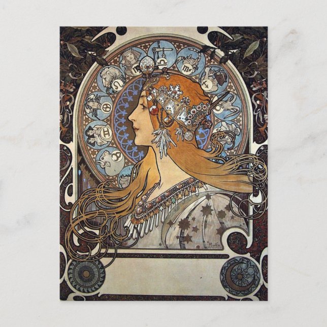Zodiac Woman by Alphonse Mucha – Art Nouveau Postcard (Front)