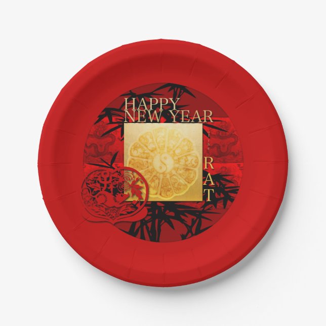 Zodiac Yin Yang Bamboo Chinese Rat Year 2020 PP Paper Plates (Front)