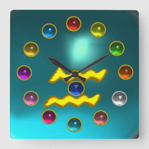ZODIACAL SIGN AQUARIUS PRINTED COLORFUL GEMSTONES SQUARE WALL CLOCK