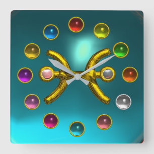 ZODIACAL SIGN PISCES PRINTED 3D COLORFUL GEMSTONES SQUARE WALL CLOCK