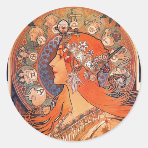Zodiak Woman by Mucha Classic Round Sticker