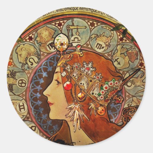 Zodiak Woman by Mucha Classic Round Sticker