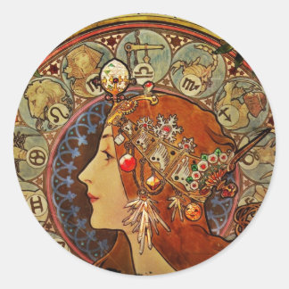 Zodiak Woman by Mucha Classic Round Sticker