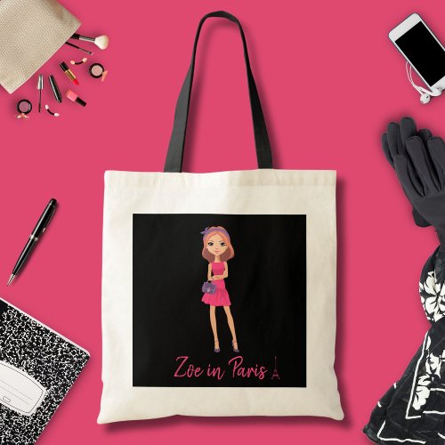 Zoe in Paris Stylish Red Hair with Pink Dress Tote Bag