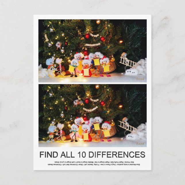 Zoekplaatje van 10 verschillen van de Kerstfubby's Postcard (Front)