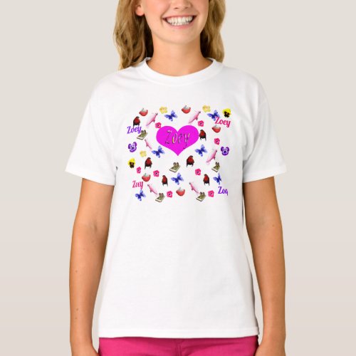 Zoey Name With Bunnies Butterflies Flowers T_Shirt