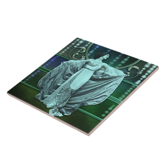 Zohara: Art Deco Woman in Aqua & Green Ceramic Tile (Side)