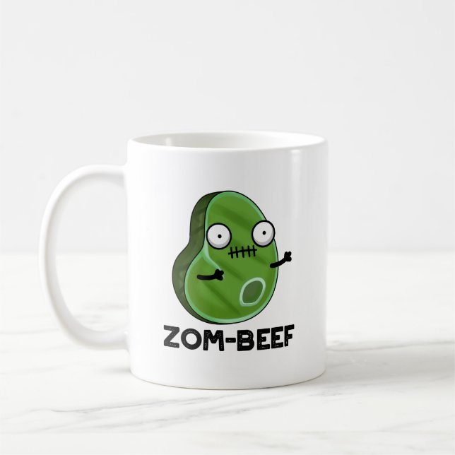 Zom-beef Funny Halloween Zombie Meat Pun Coffee Mug (Left)