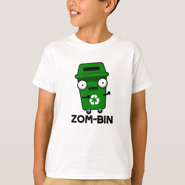 Zom-bin Funny Halloween Zombie Trash Bin Pun T-Shirt (Front)