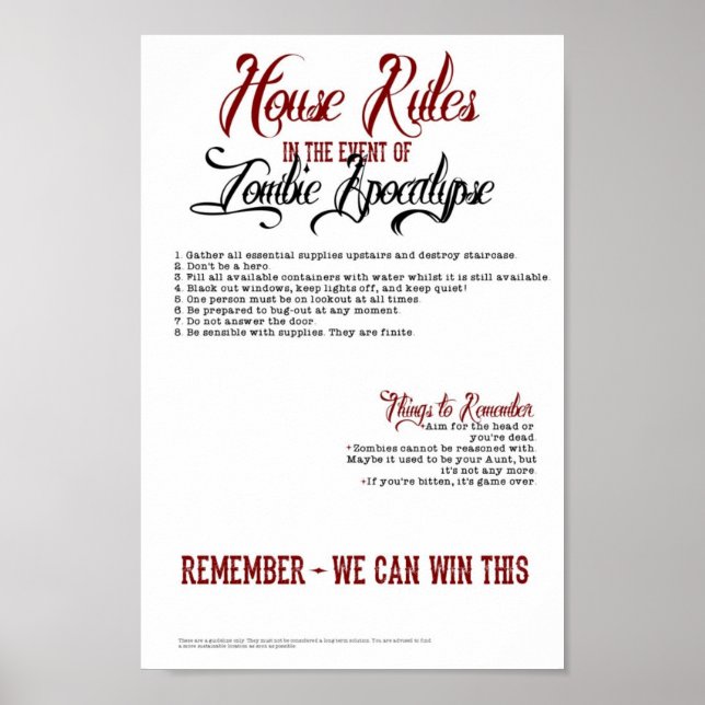 Zombie Apocalypse House Rules Poster (Front)