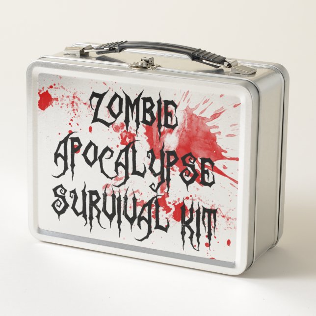 Zombie Apocalypse Survival Kit Blood Splattered Metal Lunch Box (Front)