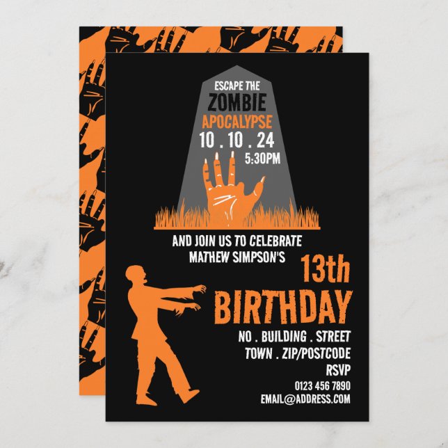 Zombie Apocalypse Theme Escape Room Birthday Party Invitation (Front/Back)