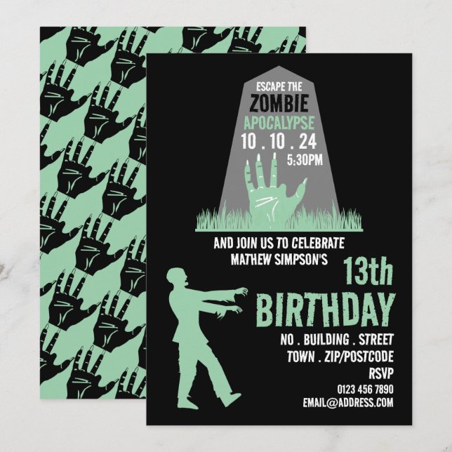 Zombie Apocalypse Theme Escape Room Birthday Party Invitation (Front/Back)