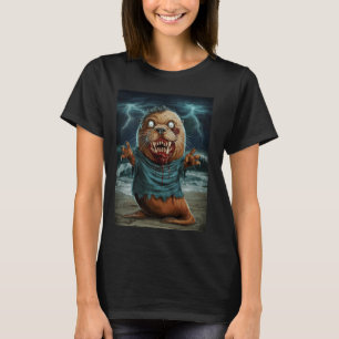 Zombie Beaver With Lightning Background Horror Ent T-Shirt