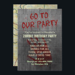 Zombie Birthday Party Undead Apocalypse Blood Text Invitation<br><div class="desc">Throw a zombie - themed birthday party with these creepy invitations. Except for the bloody "Go To Our Party" text dripping down the concrete wall, all text is customizable on these scary invites inspired by the undead. Below your custom text on the gray distressed wall, there is a bloody handprint,...</div>