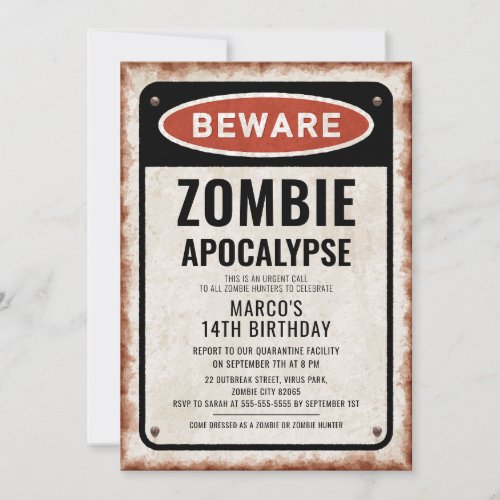 Zombie Birthday party with BEWARE rusty sign Invitation