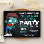Zombie Boy Halloween Costume Birthday Invitation<br><div class="desc">Invite your guests with this cool Halloween birthday party invitation featuring a funny cartoon zombie with modern typography against a dark steel background. Simply add your event details on this easy-to-use template to make it a one-of-a-kind invitation.</div>