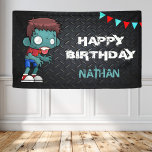 Zombie Boy Halloween Costume Birthday Party Banner<br><div class="desc">Invite your guests with this cool Halloween birthday party banner featuring a funny cartoon zombie with modern typography against a dark steel background.</div>