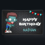 Zombie Boy Halloween Costume Birthday Party Banner<br><div class="desc">Invite your guests with this cool Halloween birthday party banner featuring a funny cartoon zombie with modern typography against a dark steel background.</div>