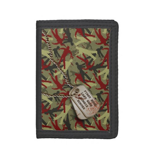 Zombie Camo w/ Dog Tags Tri-fold Wallet - Creepy, scary and cool zombie camouflage pattern design with customizable dog tags. Great for people who love hunting zombies in stealth mode.
