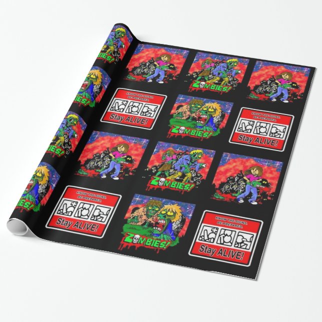 Zombie Cartoon Pattern Wrapping Paper (Unrolled)