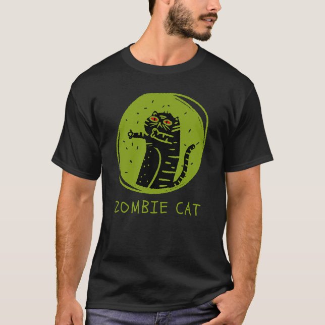Zombie Cat Funny Spooky Halloween T-Shirt (Front)