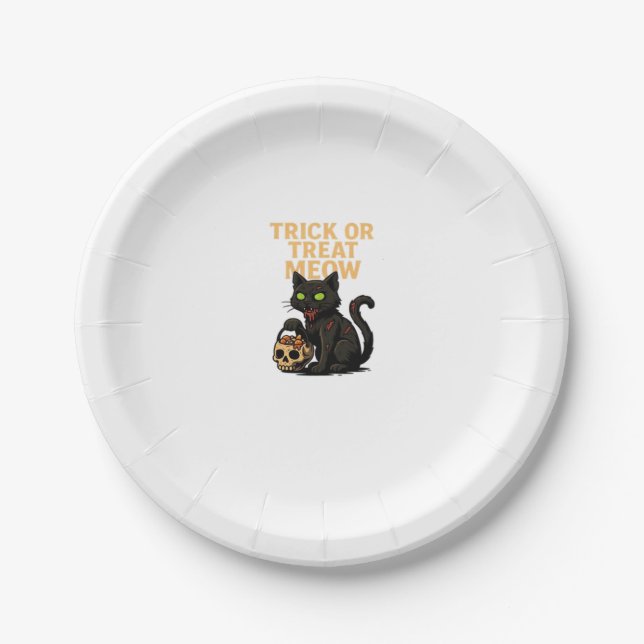 Zombie Cat – Trick or Treat Meow Halloween Design  Paper Plates (Front)