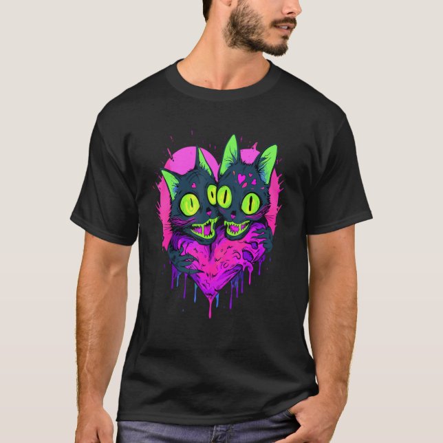 Zombie Cat Valentine Heart Halloween Matching Coup T-Shirt (Front)