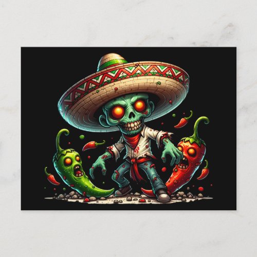 Zombie Cinco de Mayo Man and Hot Peppers Postcard